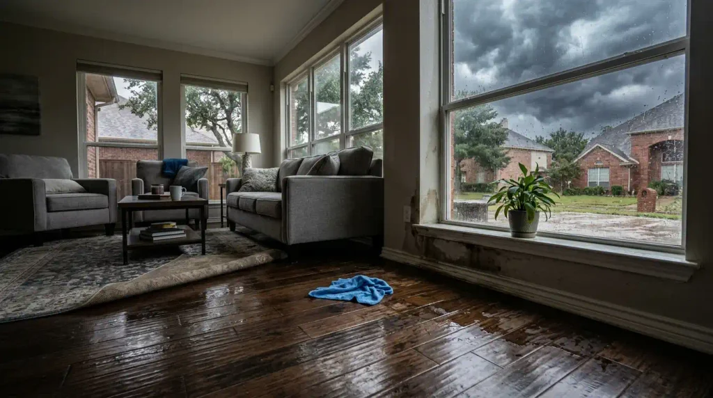 Water damage inside a Dallas TX home after a heavy storm
