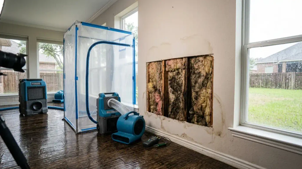 Exposed wall framing during water damage and mold prevention work