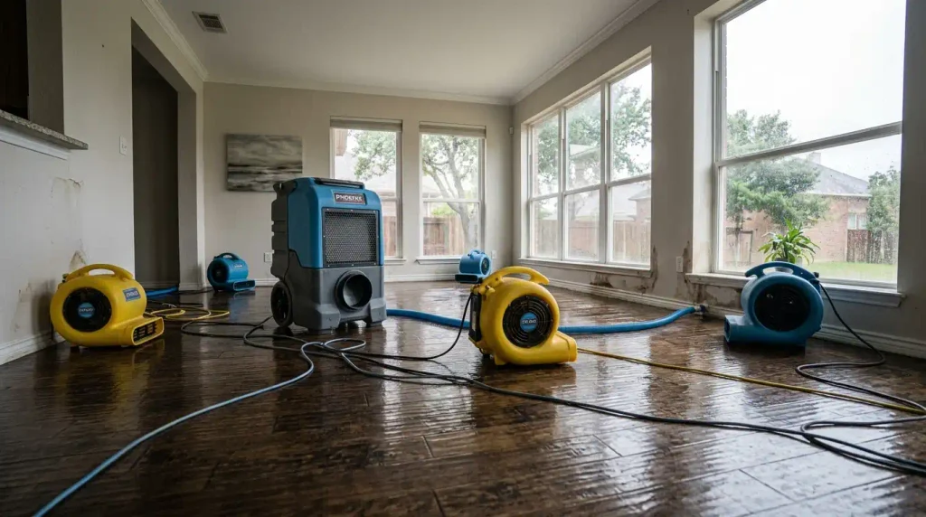 Professional structural drying equipment removing moisture from a Dallas home