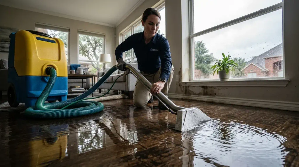 Water extraction from a flooded residential floor in Dallas TX